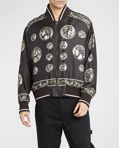Shop Dolce & Gabbana Men's Roma Coin Silk Bomber Jacket In Dark Brown