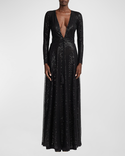 Shop Ralph Lauren Carmelo Plunging Embellished Long-sleeve Gown In Black