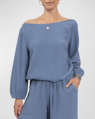 Shop Everyday Ritual Penny Gauze Off-shoulder Top In Denim Blue
