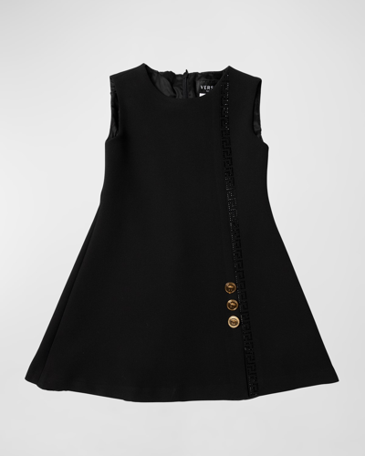Shop Versace Girl's Embellished Greca Trim A-line Dress In Blackblack
