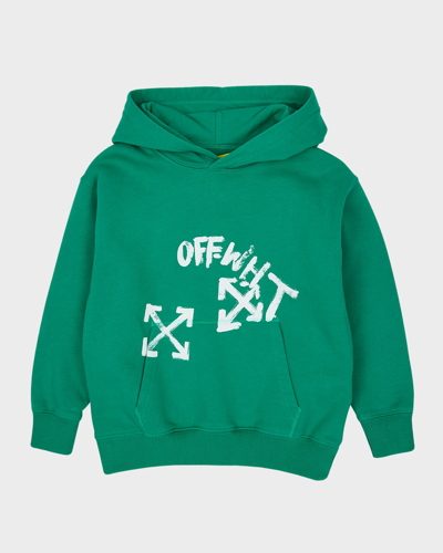 Shop Off-white Boy's Logo-print Paint Script Graphic Hoodie In Green White