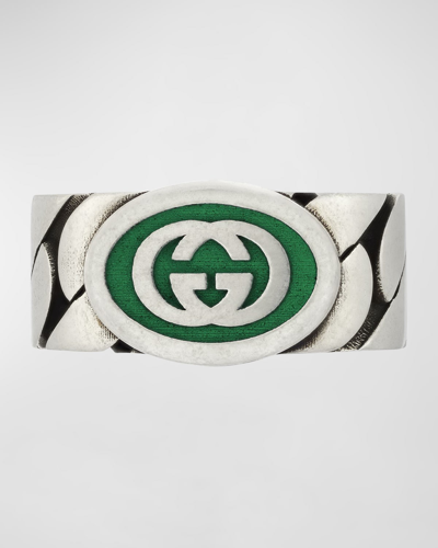 Shop Gucci Men's Interlocking G Enamel Band Ring In Green