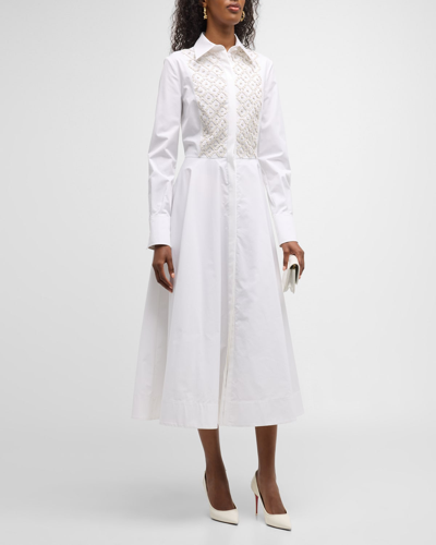 Shop Valentino Crystal Bib-front Compact Popeline Midi Shirtdress In White