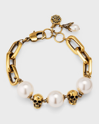 Shop Alexander Mcqueen Pearly Chain And Skull Bracelet In Navy/red