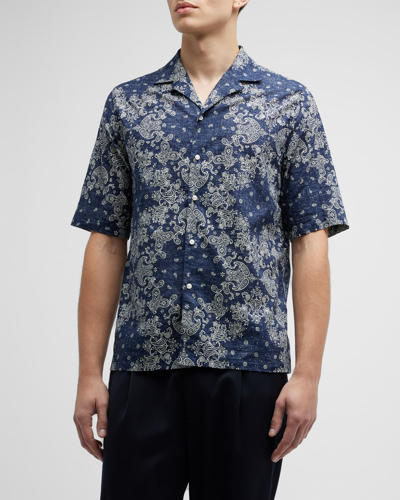 Shop Officine Generale Men's Eren Bandana-print Camp Shirt In Navy/white