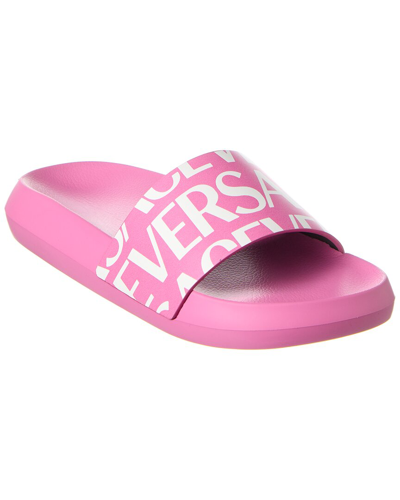 Shop Versace Allover Logo Leather Slide In Pink