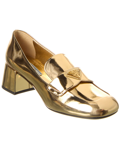Shop Prada Logo Leather Loafer In Gold