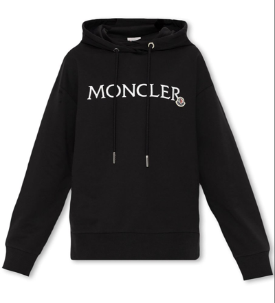 Shop Moncler Logo Embroidered Drawstring Hoodie In Black