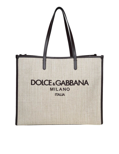 Shop Dolce & Gabbana Logo Embroidered Large Tote Bag In Beige