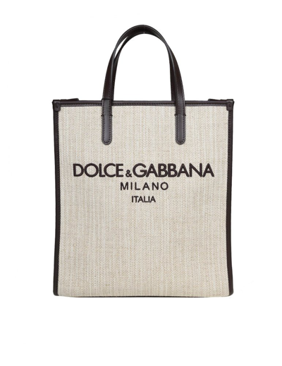 Shop Dolce & Gabbana Logo Embroidered Small Tote Bag In Beige
