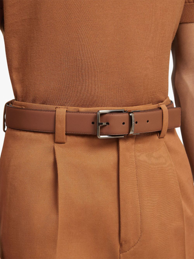 Zegna Ceinture Réversible En Cuir Foliage Et Noir In Brown