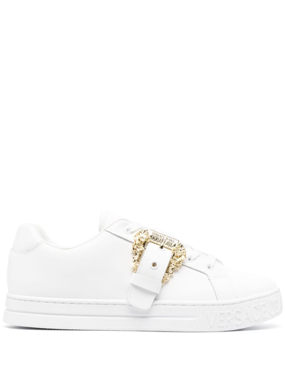 Shop Versace Jeans Couture Logo-buckle Leather Sneakers In White