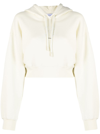 Off-white Faux-pearl Embellished Cropped Hoodie In White