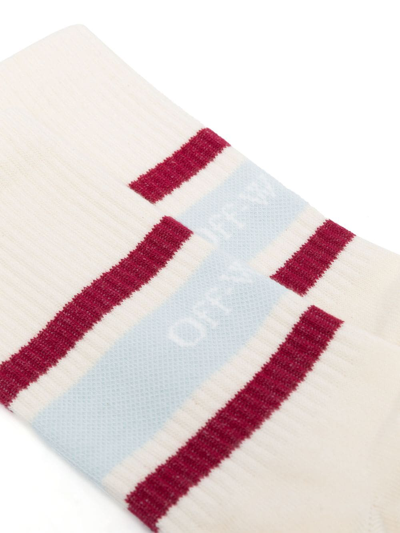 Shop Off-white Logo-intarsia Stripped Ribbed Socks In White