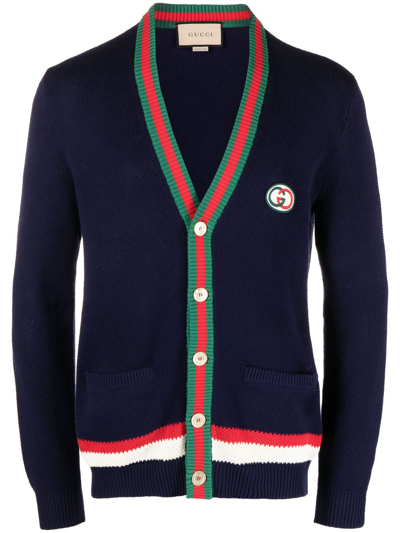 Shop Gucci Web-stripe Button-up Cardigan In Blue