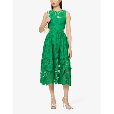 Shop Self-portrait Women's Green Floral-pattern Sleeveless Cotton Midi Dress