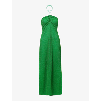 Shop Oseree Women's Emerald Green Lumiére Metallic Ruched Slim-fit Stretch-woven Midi Dress