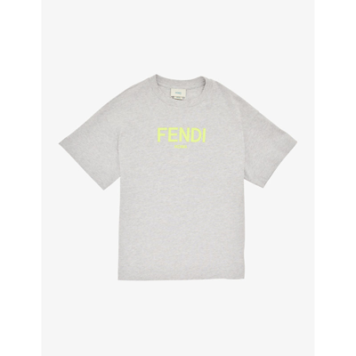 Shop Fendi Boys Gri Melang+gial Fluo Kids Logo-print Cotton-jersey T-shirt 4-12 Years