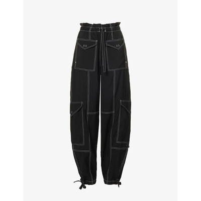 Shop Ganni Women's Black Contrast-stitched Straight-leg Recycled Polyester-blend Trousers
