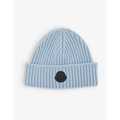 Shop Moncler Mens Sky Blue Logo-embroidered Wool-knitted Beanie Hat