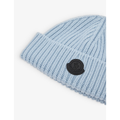 Shop Moncler Mens Sky Blue Logo-embroidered Wool-knitted Beanie Hat