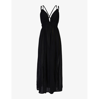 Shop Allsaints Rosa V-neck Side-split Woven Midi Dress In Black