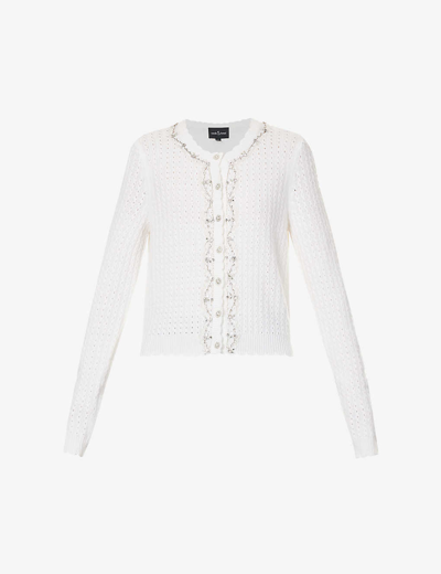 Shop Needle & Thread Needle And Thread Women's Cream Crystal Bead-embellished Wool And Cashmere-blend Knitted Cardigan