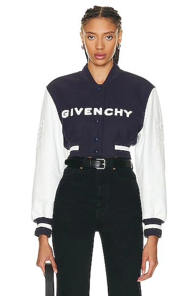 Shop Givenchy Cropped Varsity Jacket In Navy & White