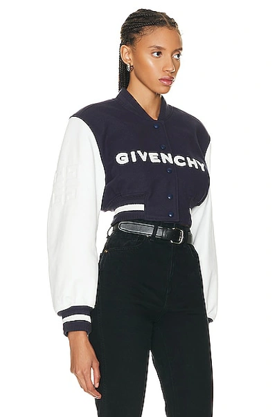 Shop Givenchy Cropped Varsity Jacket In Navy & White