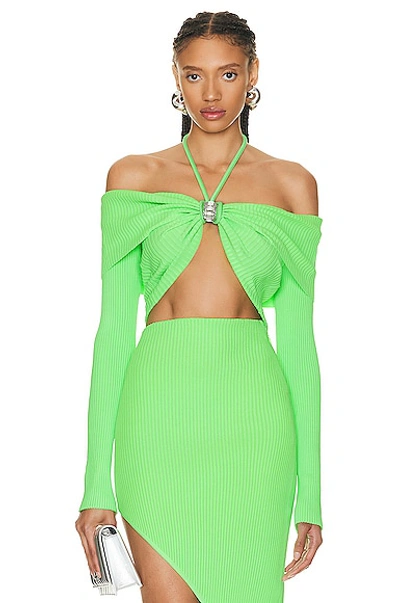 Shop David Koma Crystal Buckle Long Sleeve Knit Top In Neon Green