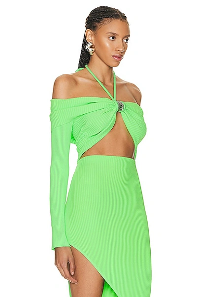 Shop David Koma Crystal Buckle Long Sleeve Knit Top In Neon Green