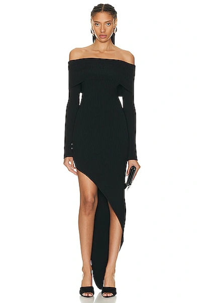 Shop David Koma Asymmetrical Long Sleeve Off Shoulder Knit Gown In Black