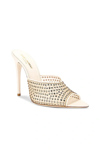 Saint Laurent Gippy Crystal Mesh Stiletto Mules In Nude & Crystal