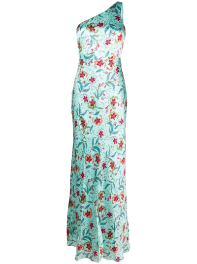Shop Saloni Floral-print One-shoulder Gown In Green