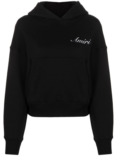 Shop Amiri Logo-embroidered Cotton Hoodie In Black