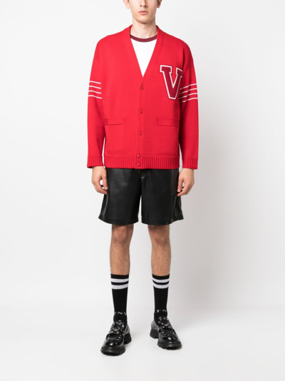 Shop Valentino Vlogo-patch Wool Cardigan In Red