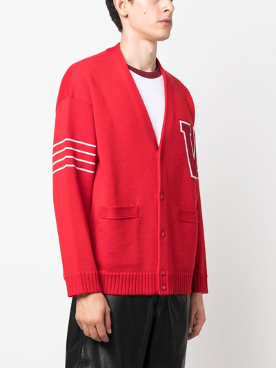 Shop Valentino Vlogo-patch Wool Cardigan In Red