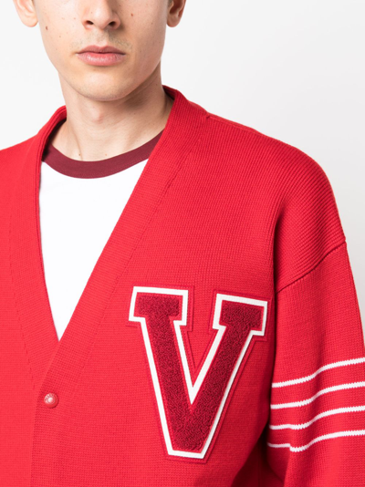 Shop Valentino Vlogo-patch Wool Cardigan In Red