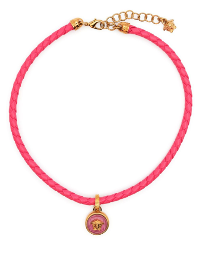 Shop Versace Medusa Head Leather Necklace In Pink