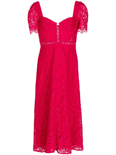 Shop Self-portrait Crepe-texture Laced Midi Dress In Rot