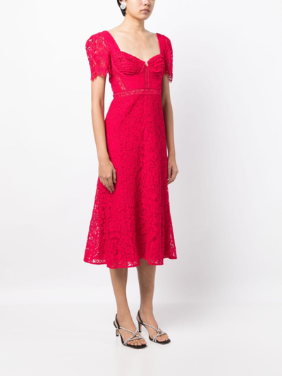 Shop Self-portrait Crepe-texture Laced Midi Dress In Rot