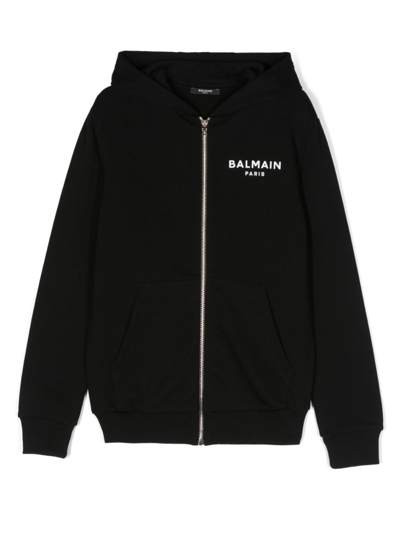 Shop Balmain Logo-print Zipped Hoodie In Schwarz