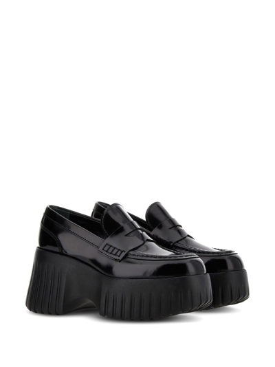 Hogan H-stripes Wedge Leather Loafers In Black