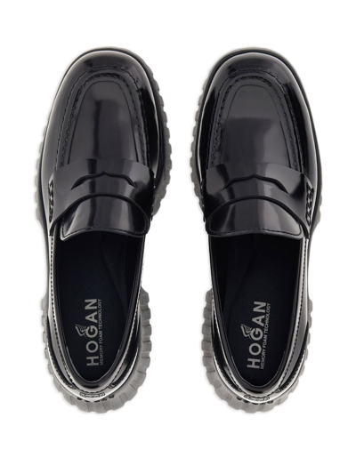 Hogan H-stripes Wedge Leather Loafers In Black