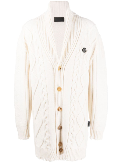 Shop Philipp Plein Cable-knit Distressed-finish Cardigan In White