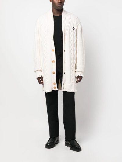 Shop Philipp Plein Cable-knit Distressed-finish Cardigan In White