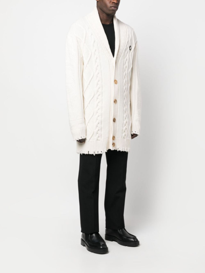 Shop Philipp Plein Cable-knit Distressed-finish Cardigan In White