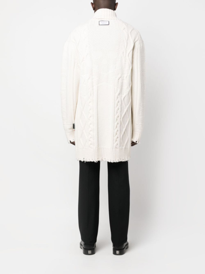 Shop Philipp Plein Cable-knit Distressed-finish Cardigan In White