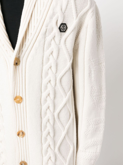 Shop Philipp Plein Cable-knit Distressed-finish Cardigan In White