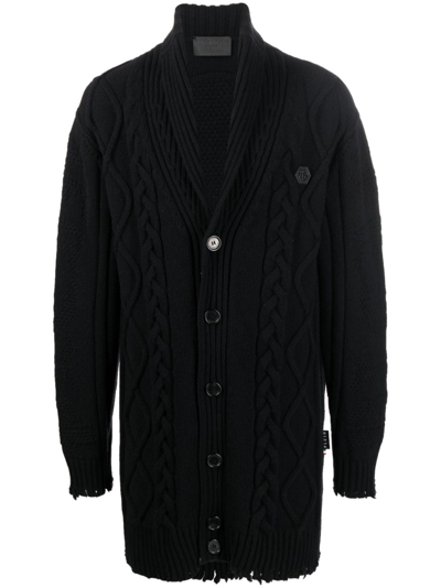 Shop Philipp Plein Cable-knit Distressed-finish Cardigan In Black